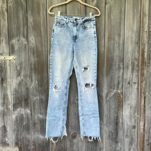 ZARA Womens Hi-Waist Split Hem Raw Hem Ripped Straight Leg Light Wash Jeans 4 - Picture 16 of 16
